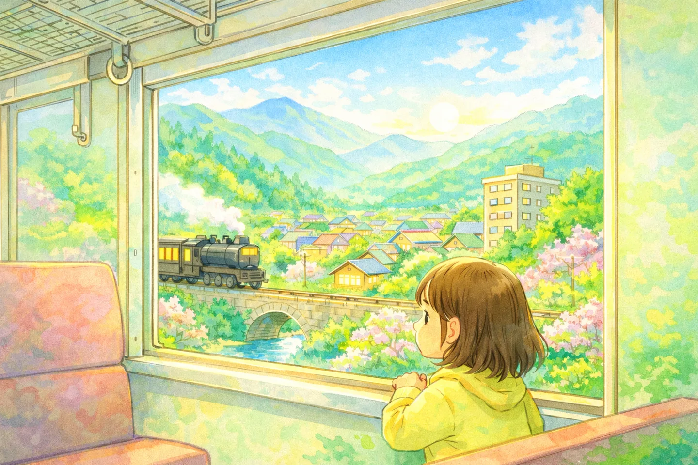 坐在火车上的小女孩，透过窗户看外面的风景