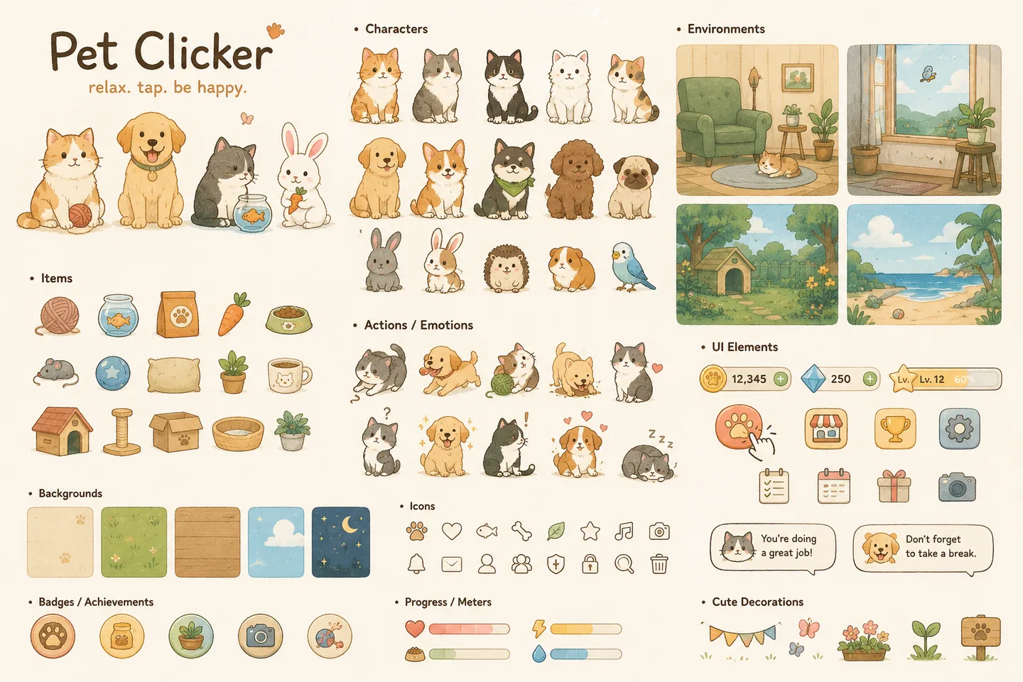 Pet Clicker 游戏素材总览图，包含猫狗等宠物、场景、道具、图标和进度条界面